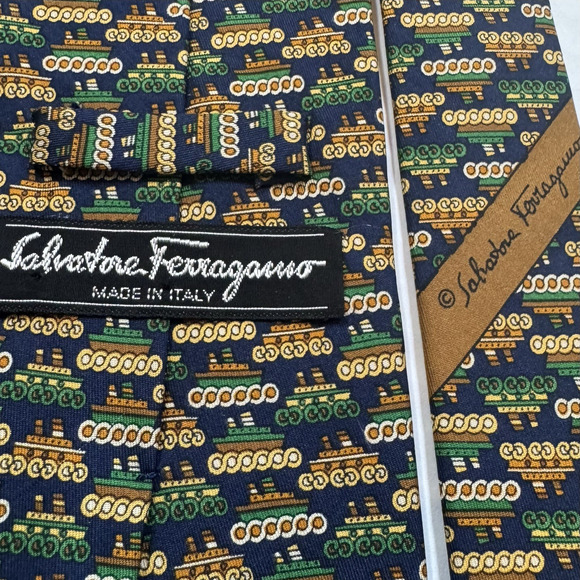 Salvatore Ferragamo Tie Novelty Silk Nautical Boats on Waves Ship Motif Italy - Picture 4 of 7